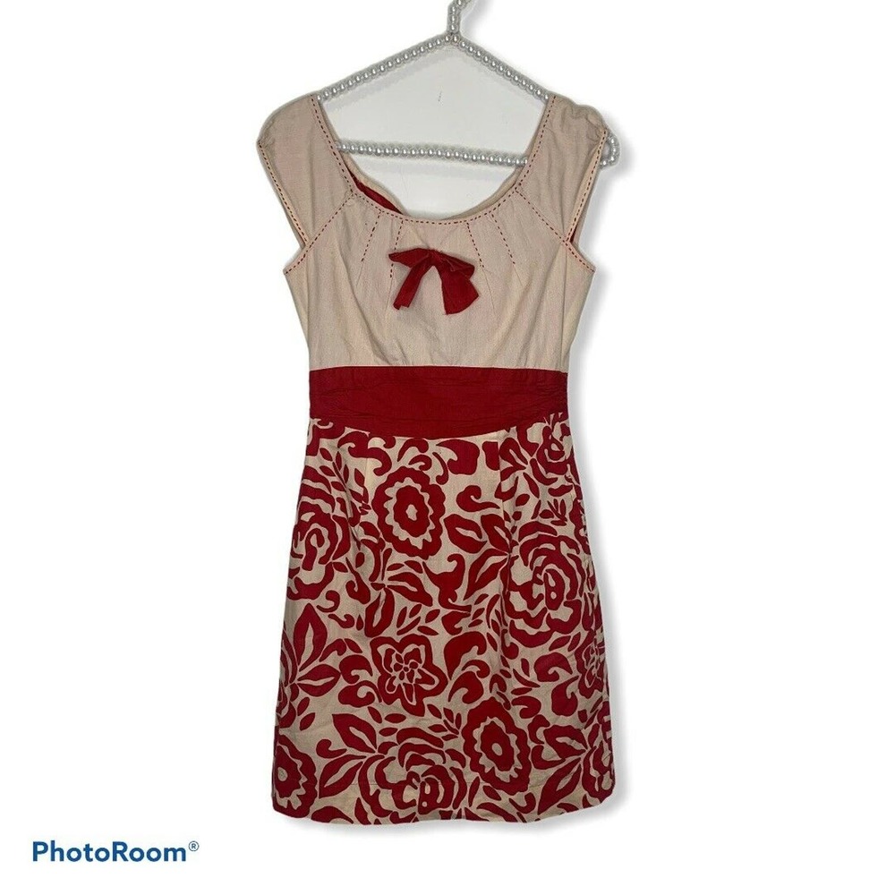 Baraschi a line scoop neck knee length short sleeve tan red dress size 2